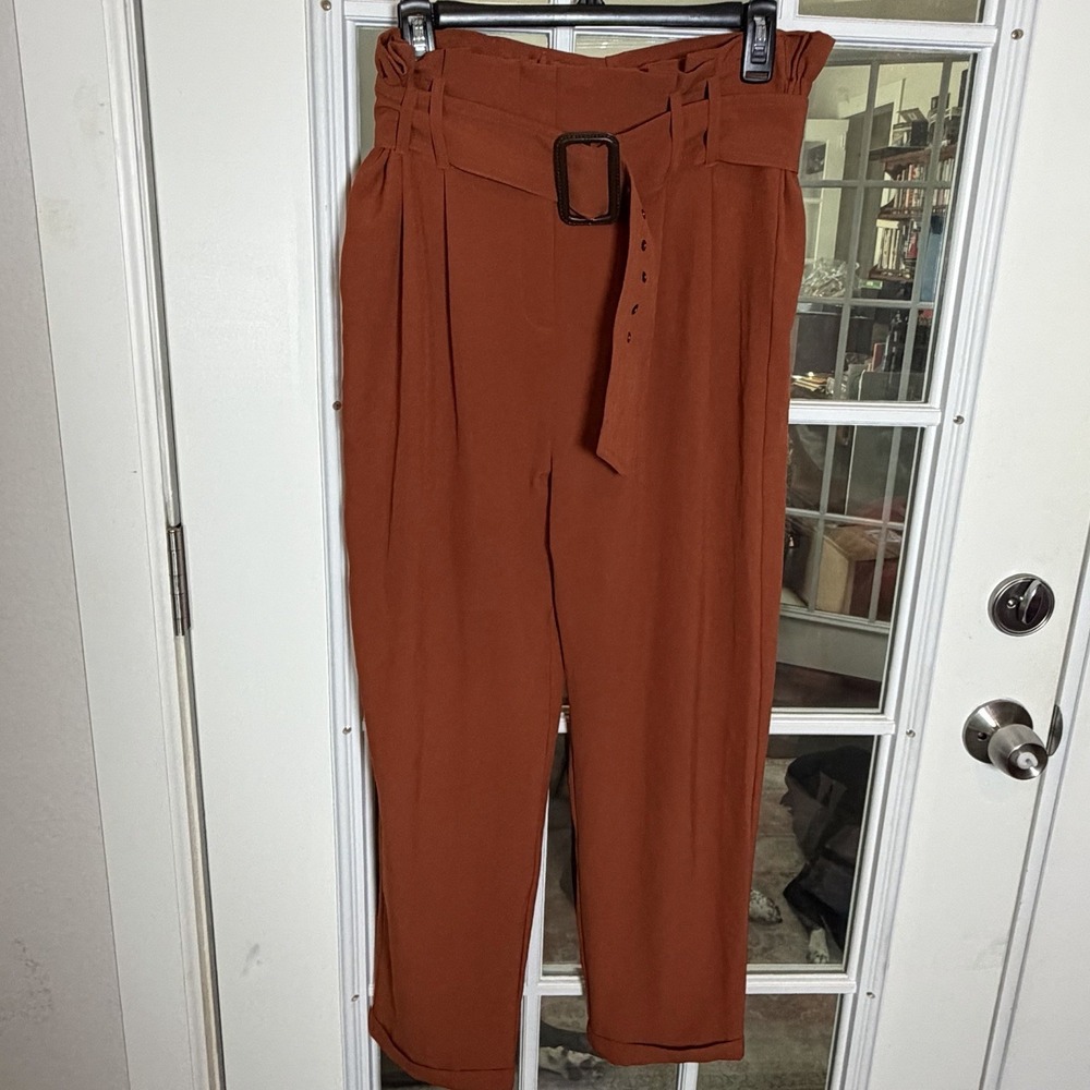 Haute Monde Rust Burnt Orange Paperbag Waist Belted Cropped High Rise Pants XL